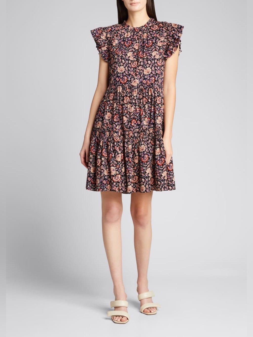 Ulla Johnson /Hanna Black Floral Ruffle-Sleeve Tiered Mini Dress - Sz 12